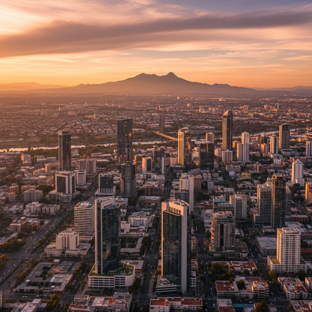 Vista aérea de una ciudad moderna con rascacielos bajo un cielo al atardecer y montañas al fondo.